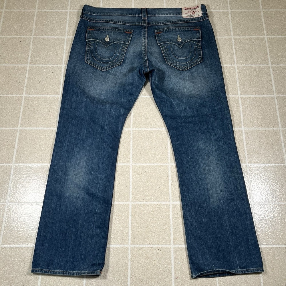 True Religion Straight Jeans Blue Denim 44x34 Y2K Wide Leg Baggy Fades Bootcut